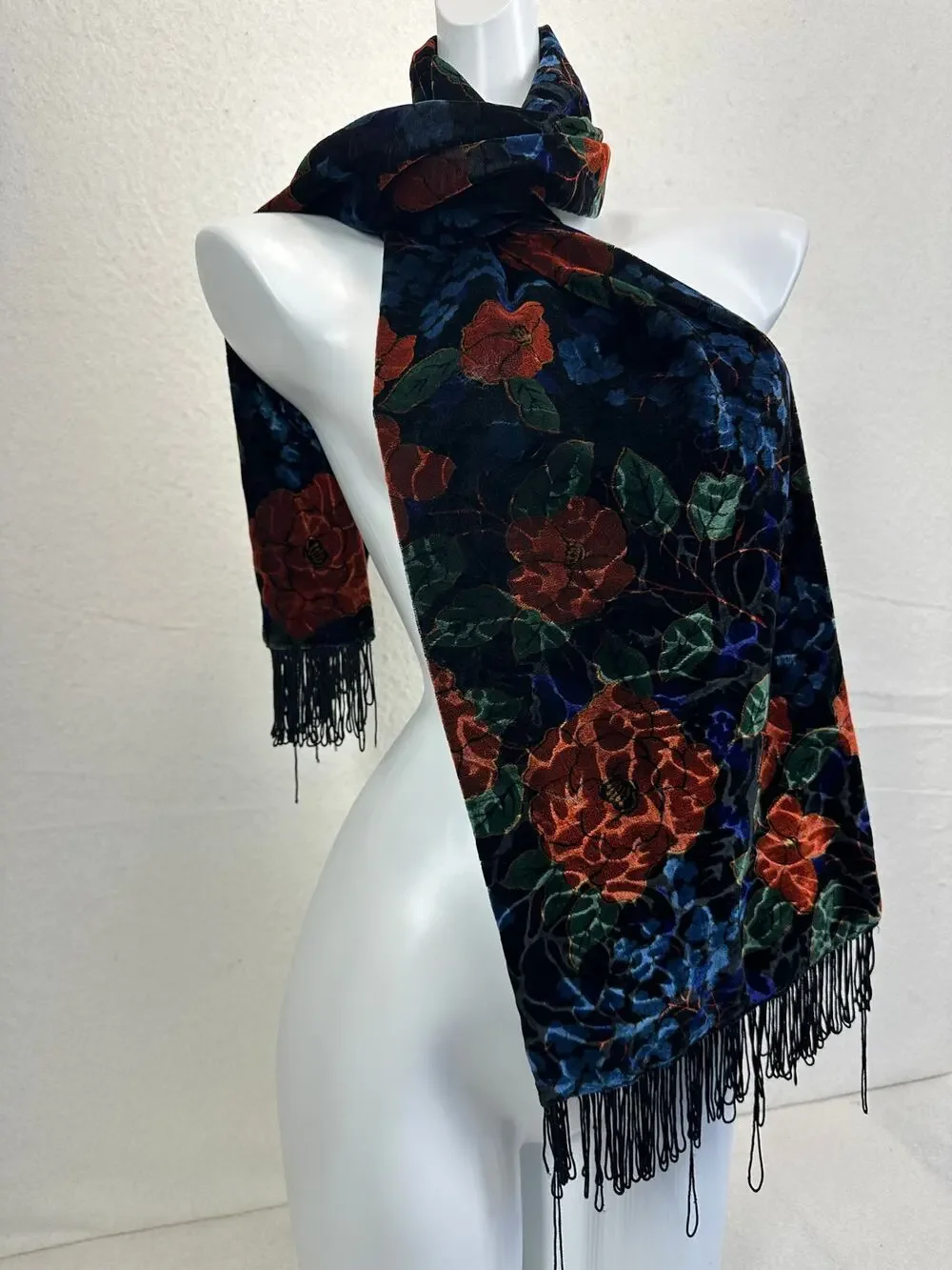 Vintage Art Deco Silk and Rayon Burnout Velvet Scarf with Fringed Ends